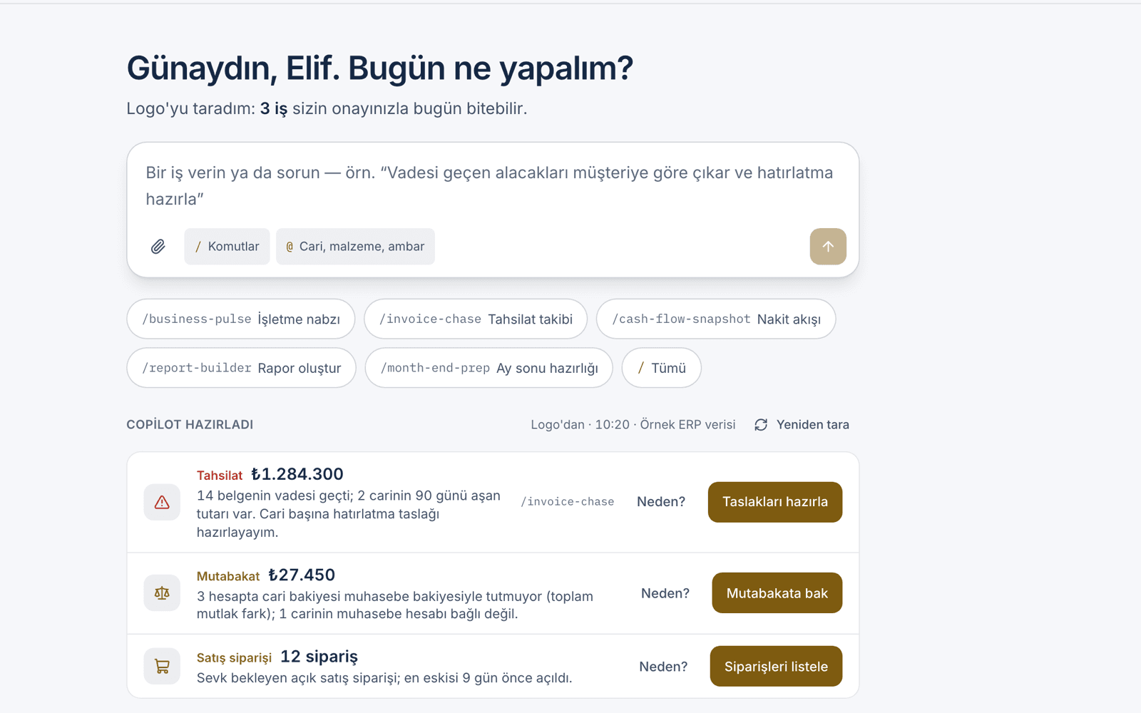 iyibir Copilot iş masası: Logo'yu tarar, onayınızı bekleyen işleri sıralar. Ekran örnek veriyle hazırlanmıştır.